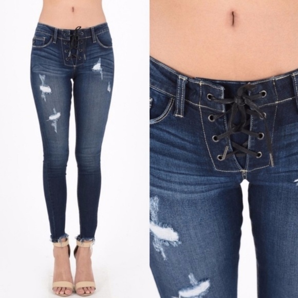 Bellanblue Denim - SAMANTHA Lace Up Distressed Skinny Jeans